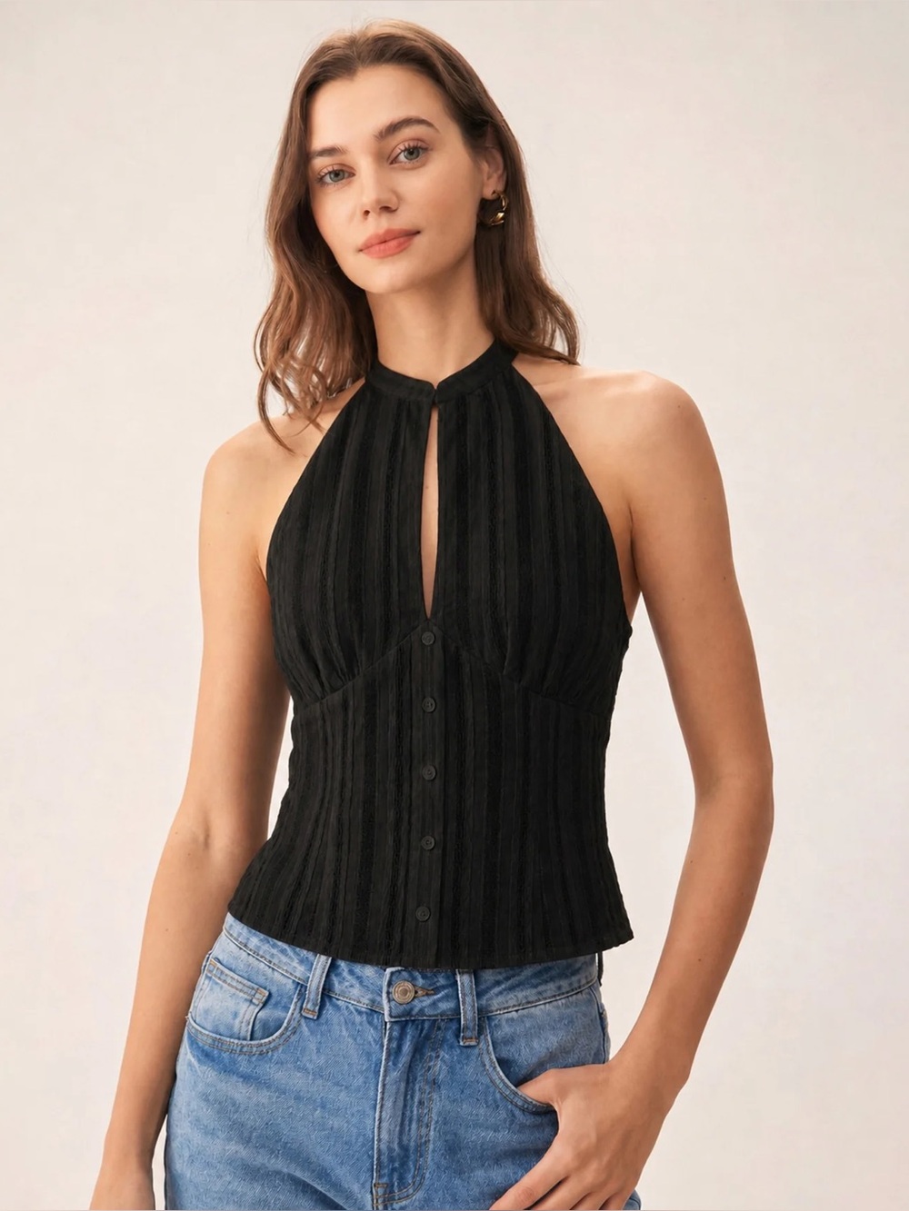 Rihoas Black Mandarin Collar Cut Out Tank Top